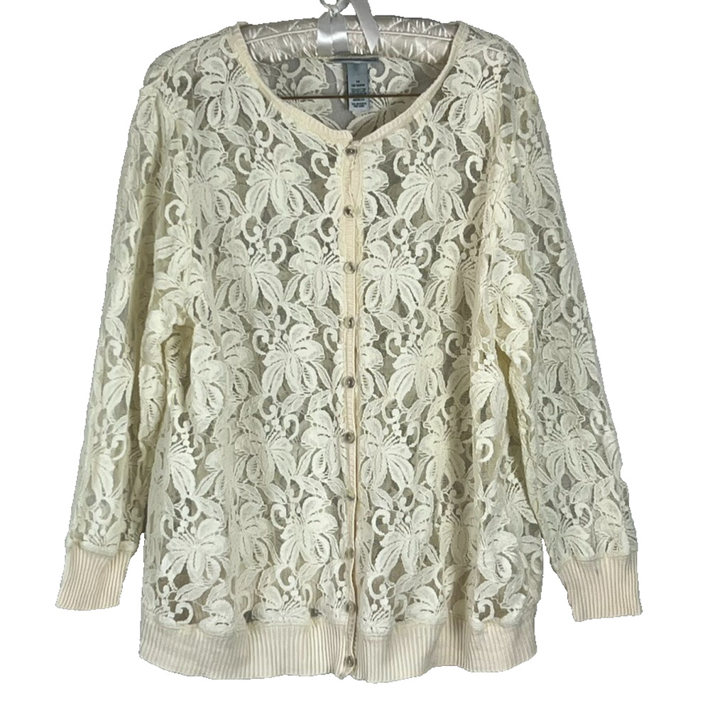 Maggie Barnes Catherines Blouse Top Womens 1X Ivory Floral Lace Sheer Button Up